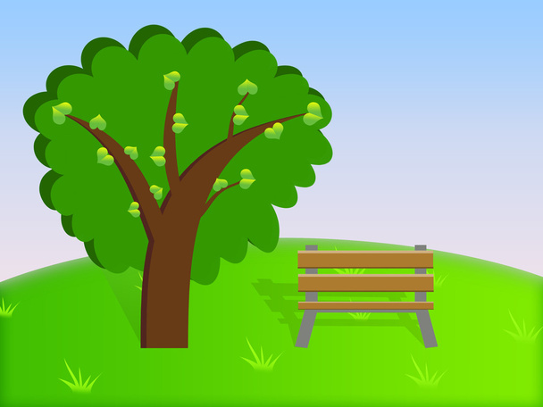 cartoon illustration of a bench under a tree - 写真・画像