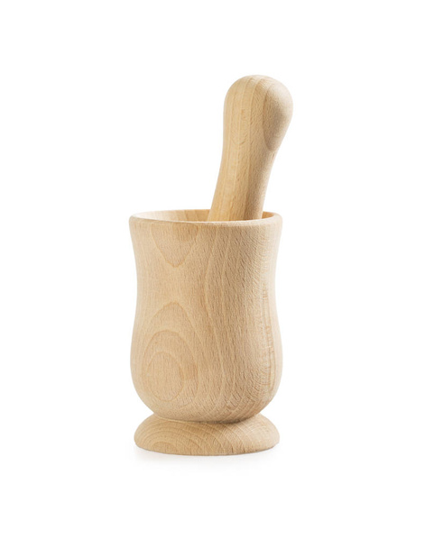 Wooden mortar and pestle set isolated on white. Kitchen utensil. - Photo, Image