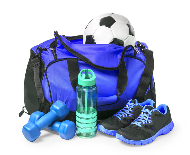 Sports bag with sports equipment isolated on white with clipping path - Photo, Image