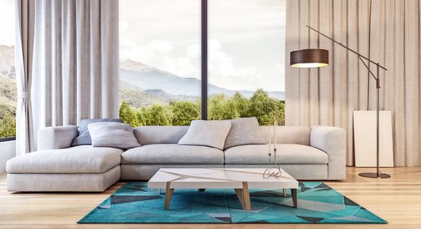 nappali modern design belső, apartman ország oldalán nyitott tér haza, erdei és hegyi háttérben - Fotó, kép