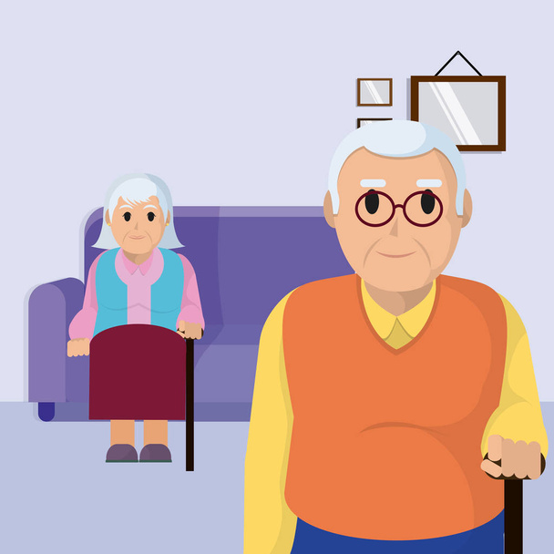 Cute grandparents couple in room vector illustration graphic design - Vector, Image