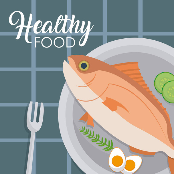 Zeevruchten vis met salade op schotel vector illustratie grafisch ontwerp - Vector, afbeelding