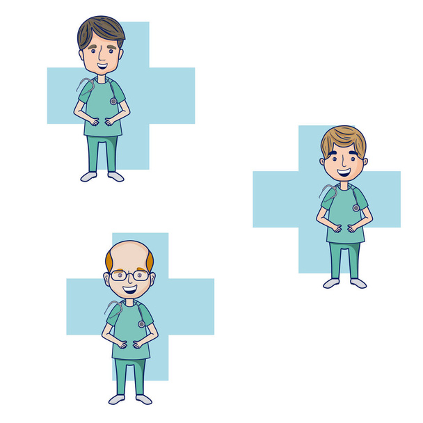 Doctors cartoons collection over blue cross background vector illustration graphic design - Vector, Image