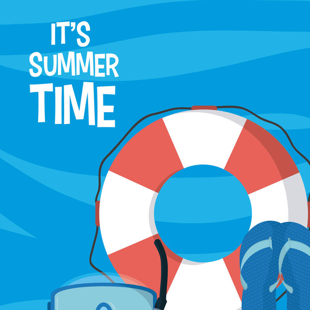 De kaart van de zomertijd met float en Duikbril met slippers vector illustratie grafisch ontwerp - Vector, afbeelding
