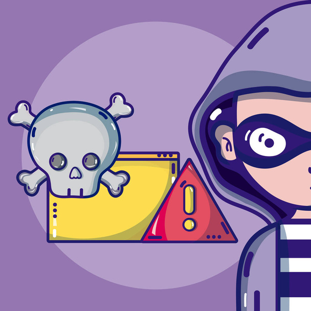 Хакер с киберпреступностью и вирусными карикатурами
 - Вектор,изображение