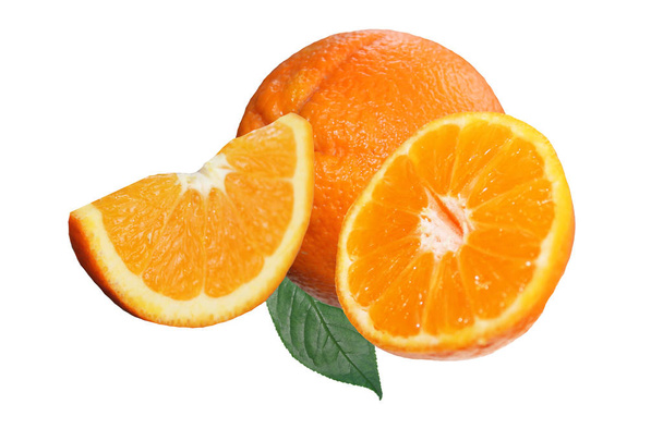 whole. half and quarter of fresh orange isolated on white background. - 写真・画像