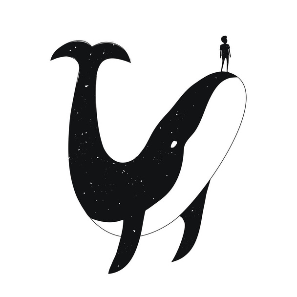 Vector black and white illustration with big whale and little young man silhouette - Vector, Image