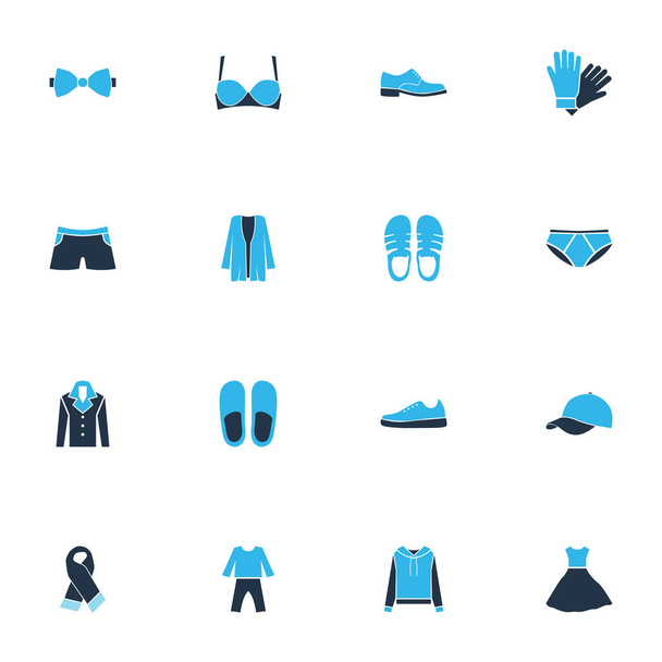 Oblečení ikony barevné sada s sandály, plavky, šály obuv prvky. Izolované vektorové ilustrace oblečení ikony. - Vektor, obrázek