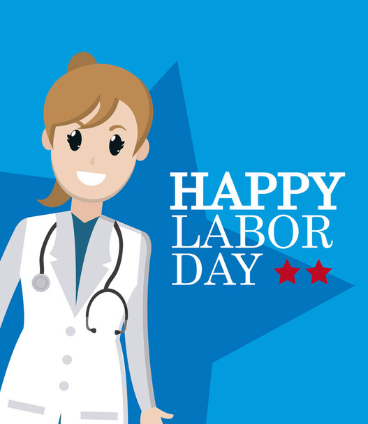 Happy labor day card with woman doctor cartoon vector illustration graphic design - Wektor, obraz