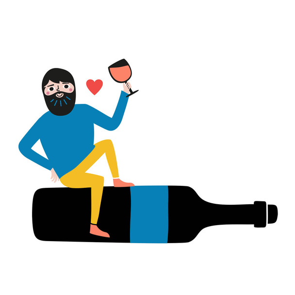 Vector illustration with bearded man sitting on the black bottle of wine and holding glass with red liquid - Vektor, kép