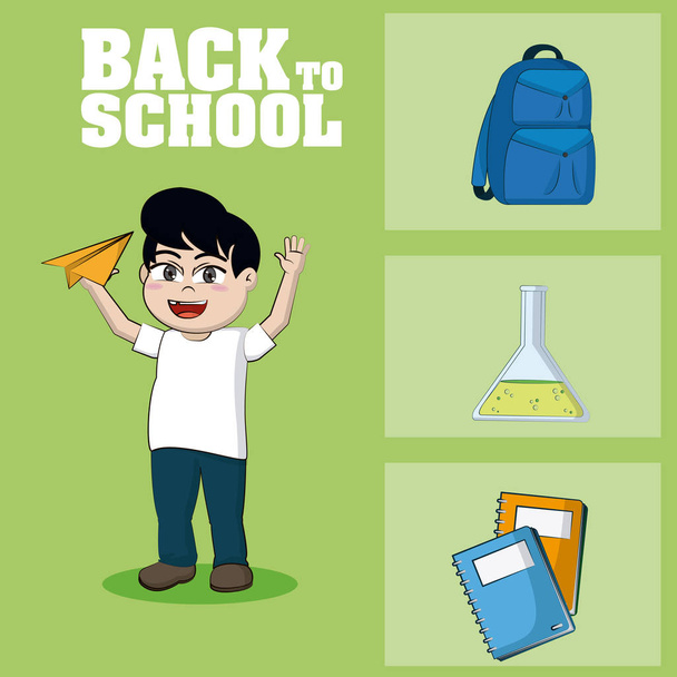 Cute student boy with school supplies icons vector illustration graphic design - Vector, Image