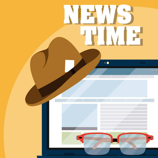 News time online wit laptop and hat with glasses vector illustration graphic design - Vector, Image