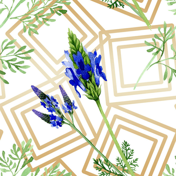 Blue violet lavender flower. Wild spring leaf wildflower isolated. Watercolor illustration set. Watercolour drawing fashion aquarelle. Seamless background pattern. Fabric wallpaper print texture. - 写真・画像