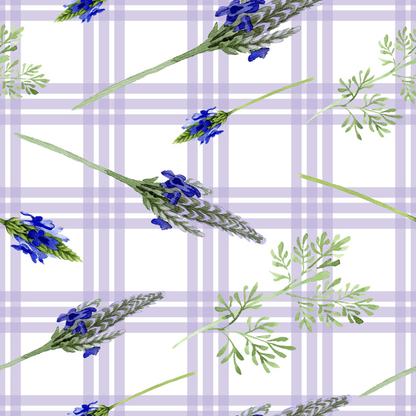Blue violet lavender flower. Wild spring leaf wildflower isolated. Watercolor illustration set. Watercolour drawing fashion aquarelle. Seamless background pattern. Fabric wallpaper print texture. - Foto, afbeelding