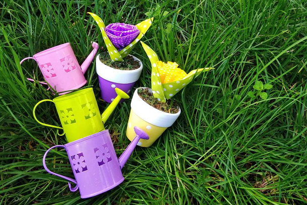 Arrosoirs et pots de fleurs, fond vert, multicolore
 - Photo, image