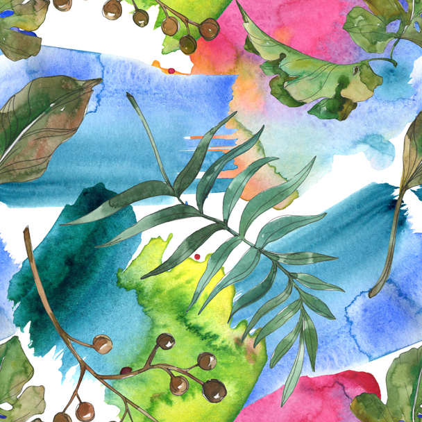 Exotic tropical hawaiian summer. Palm beach tree leaves. Watercolor illustration set. Watercolour drawing fashion aquarelle isolated. Seamless background pattern. Fabric wallpaper print texture. - Valokuva, kuva
