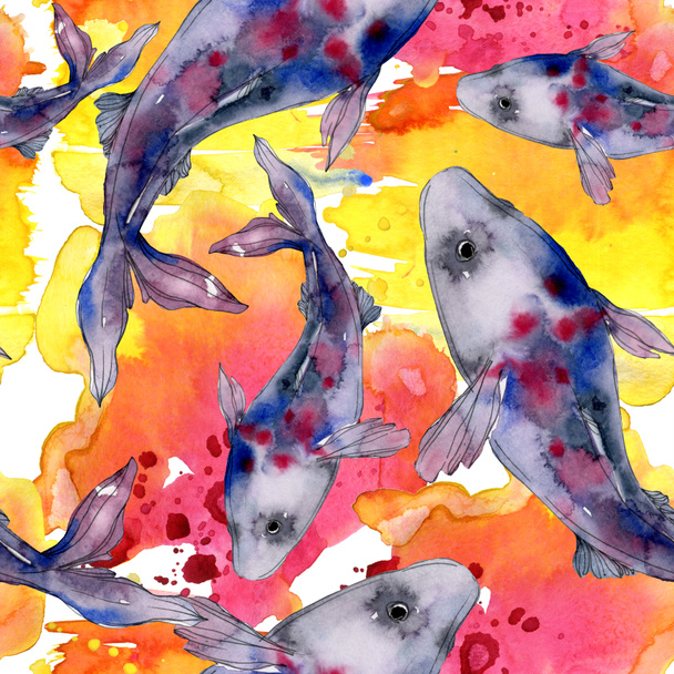 Gefleckte aquatische Unterwasser bunte Fische Set. Rotes Meer und exotische Fische im Inneren. Aquarell-Illustrationsset vorhanden. Aquarell zeichnen Mode-Aquarell. nahtlose Hintergrundmuster. Stofftapete drucken. - Foto, Bild