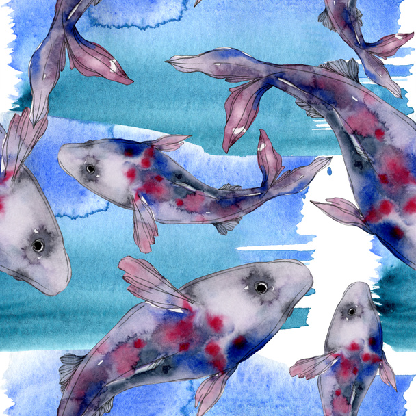 Пятнистая водная подводная красочная рыба. Красное море и экзотические рыбы внутри. Набор акварельных рисунков. Акварель для рисования акварелью. Бесшовный рисунок фона. Тканевая печать
. - Фото, изображение