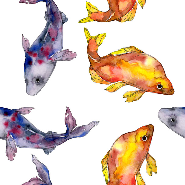 Spotted aquatic underwater colorful fish set. Red sea and exotic fishes inside. Watercolor illustration set. Watercolour drawing fashion aquarelle. Seamless background pattern. Fabric wallpaper print. - Foto, Imagen