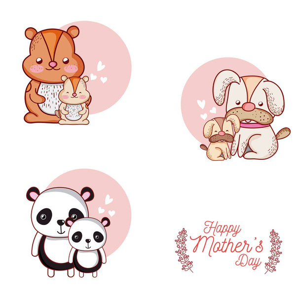 Šťastné matky den kartu s roztomilá zvířata kreslené vektorové ilustrace grafický design - Vektor, obrázek