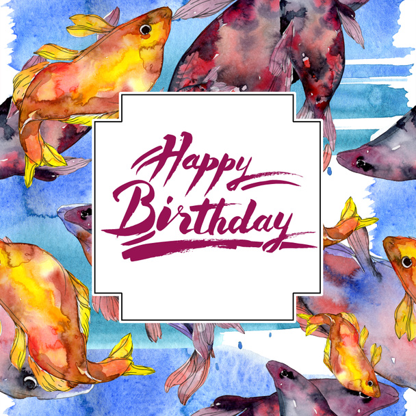 Spotted aquatic underwater colorful fish set. Red sea and exotic fishes inside. Watercolor background illustration set. Watercolour drawing fashion aquarelle isolated. Frame border ornament square. - Photo, Image