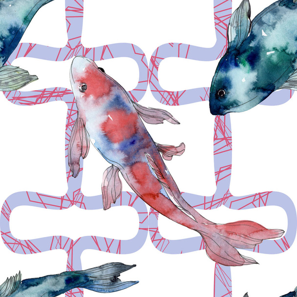Spotted aquatic underwater colorful fish set. Red sea and exotic fishes inside. Watercolor illustration set. Watercolour drawing fashion aquarelle. Seamless background pattern. Fabric wallpaper print. - Photo, Image