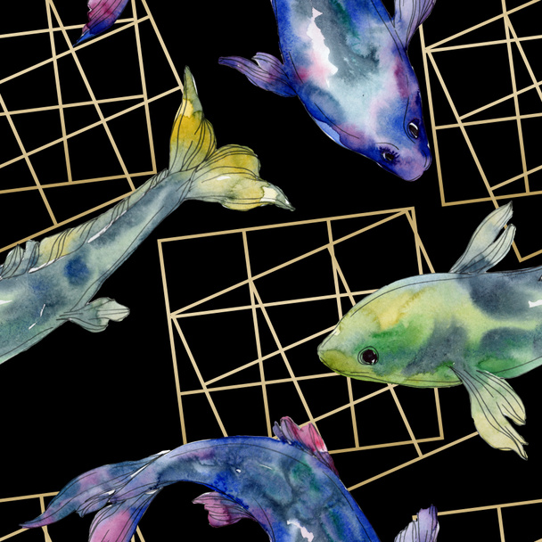 斑点を付けられた水生水中のカラフルな魚を設定します。紅海と内部のエキゾチックな魚。水彩イラスト セット。水彩描画ファッション aquarelle。シームレスな背景パターン。生地の壁紙印刷. - 写真・画像