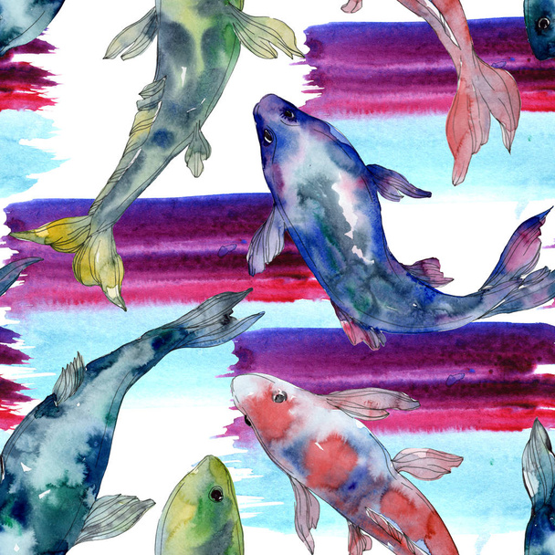 Spotted aquatic underwater colorful fish set. Red sea and exotic fishes inside. Watercolor illustration set. Watercolour drawing fashion aquarelle. Seamless background pattern. Fabric wallpaper print. - Foto, Bild