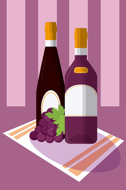 Weinflasche mit Trauben auf Tischdecke Vektor Illustration Grafik-Design - Vektor, Bild