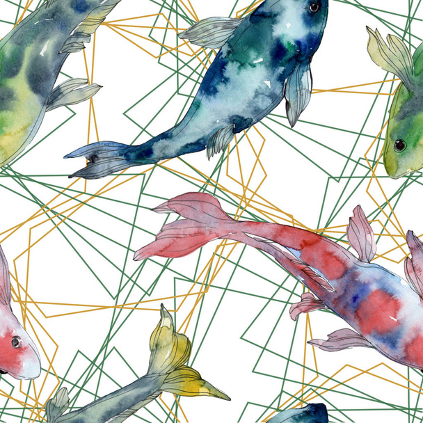 Spotted aquatic underwater colorful fish set. Red sea and exotic fishes inside. Watercolor illustration set. Watercolour drawing fashion aquarelle. Seamless background pattern. Fabric wallpaper print. - Fotografie, Obrázek