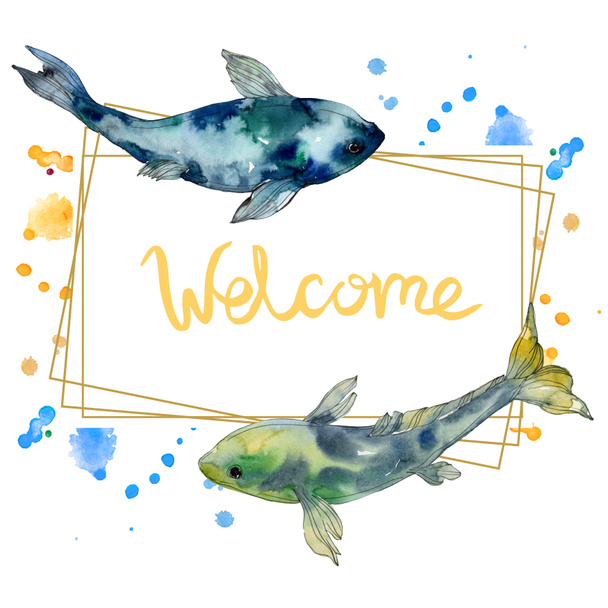 Spotted aquatic underwater colorful fish set. Red sea and exotic fishes inside. Watercolor background illustration set. Watercolour drawing fashion aquarelle isolated. Frame border ornament square. - Foto, imagen