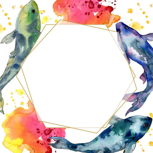 Spotted aquatic underwater colorful fish set. Red sea and exotic fishes inside. Watercolor background illustration set. Watercolour drawing fashion aquarelle isolated. Frame border ornament square. - Photo, Image