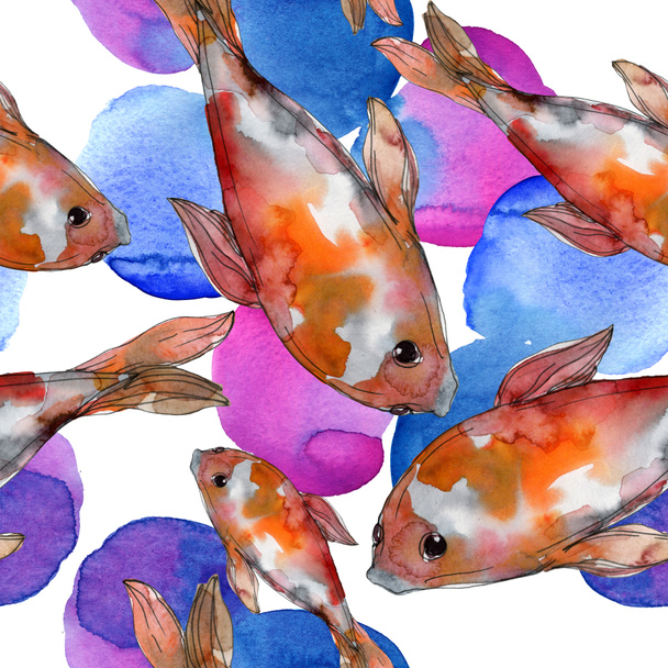 Wasserfisch-Set vorhanden. Rotes Meer und exotische Fische darin: Goldfische. Aquarell-Illustrationsset vorhanden. Aquarell zeichnen Mode-Aquarell. nahtlose Hintergrundmuster. Stoff Tapete drucken Textur. - Foto, Bild