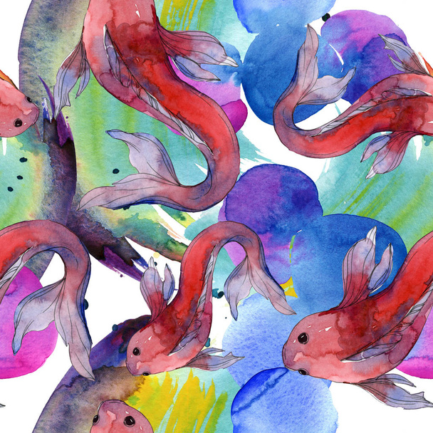 Aquatic fish set. Red sea and exotic fishes inside: Goldfish. Watercolor illustration set. Watercolour drawing fashion aquarelle. Seamless background pattern. Fabric wallpaper print texture. - Foto, Imagen