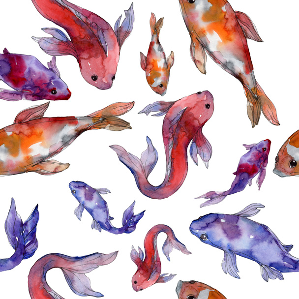 Wasserfisch-Set vorhanden. Rotes Meer und exotische Fische darin: Goldfische. Aquarell-Illustrationsset vorhanden. Aquarell zeichnen Mode-Aquarell. nahtlose Hintergrundmuster. Stoff Tapete drucken Textur. - Foto, Bild