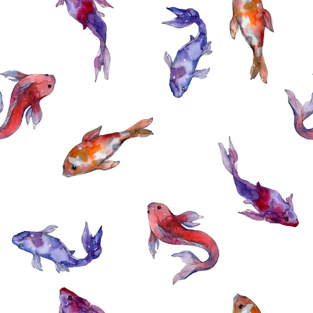 Aquatic fish set. Red sea and exotic fishes inside: Goldfish. Watercolor illustration set. Watercolour drawing fashion aquarelle. Seamless background pattern. Fabric wallpaper print texture. - 写真・画像