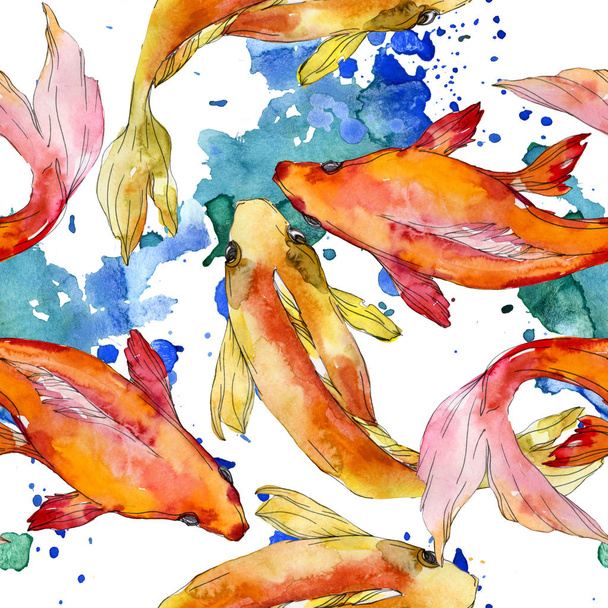 Su Balık seti. Kızıldeniz ve egzotik balıkları içinde: Goldfish. Suluboya resim kümesi. Suluboya çizim moda aquarelle. Sorunsuz arka plan deseni. Kumaş duvar kağıdı yazdırma doku. - Fotoğraf, Görsel
