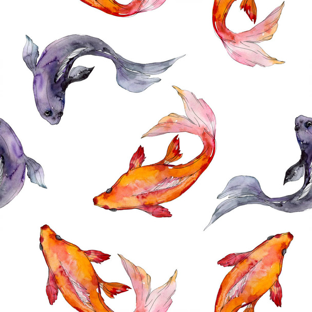 Aquatic fish set. Red sea and exotic fishes inside: Goldfish. Watercolor illustration set. Watercolour drawing fashion aquarelle. Seamless background pattern. Fabric wallpaper print texture. - Фото, изображение