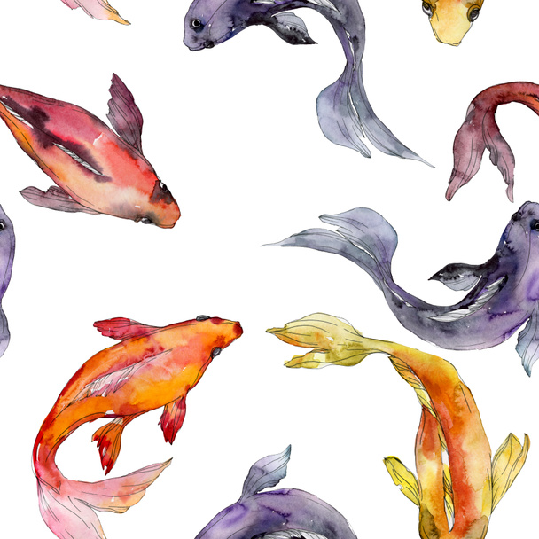 Aquatic fish set. Red sea and exotic fishes inside: Goldfish. Watercolor illustration set. Watercolour drawing fashion aquarelle. Seamless background pattern. Fabric wallpaper print texture. - Photo, Image