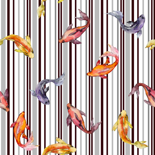 Set di pesci acquatici. Mare rosso e pesci esotici all'interno: Pesce rosso. Set illustrazione acquerello. Acquerello disegno moda acquerello. Modello di sfondo senza soluzione di continuità. Tessuto carta da parati stampa texture
. - Foto, immagini