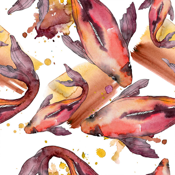 Aquatic fish set. Red sea and exotic fishes inside: Goldfish. Watercolor illustration set. Watercolour drawing fashion aquarelle. Seamless background pattern. Fabric wallpaper print texture. - Foto, Imagen