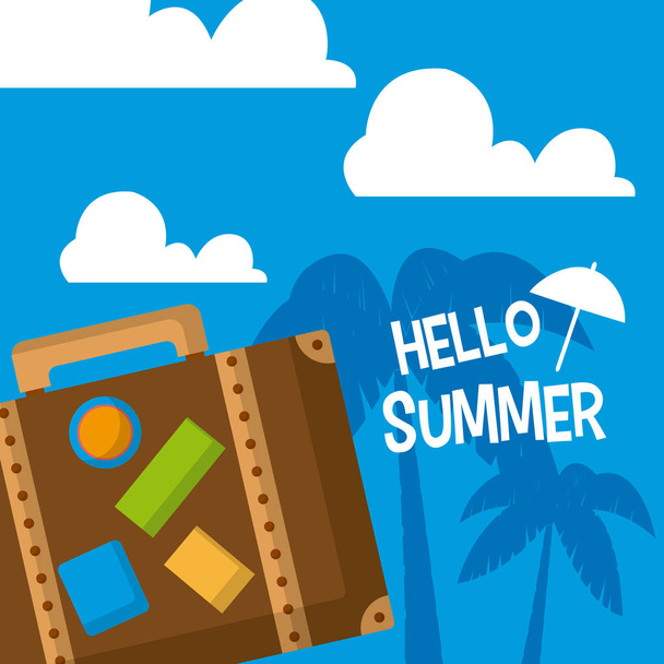 Hello sumer card with luggage and palms vector illustration graphic design - Wektor, obraz