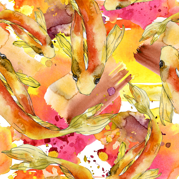 Aquatic fish set. Red sea and exotic fishes inside: Goldfish. Watercolor illustration set. Watercolour drawing fashion aquarelle. Seamless background pattern. Fabric wallpaper print texture. - Φωτογραφία, εικόνα