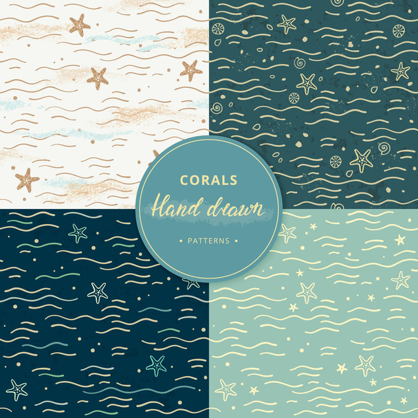 Sea seamless patterns with corals. Hand-drawn collection of marine seamless patterns with additional elements in different colors. - Vector, Image
