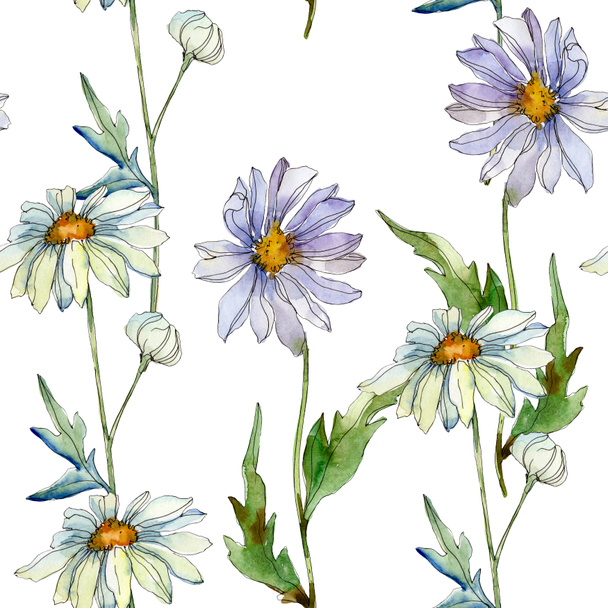 daisies with green leaves watercolor illustration, seamless background pattern - Fotó, kép