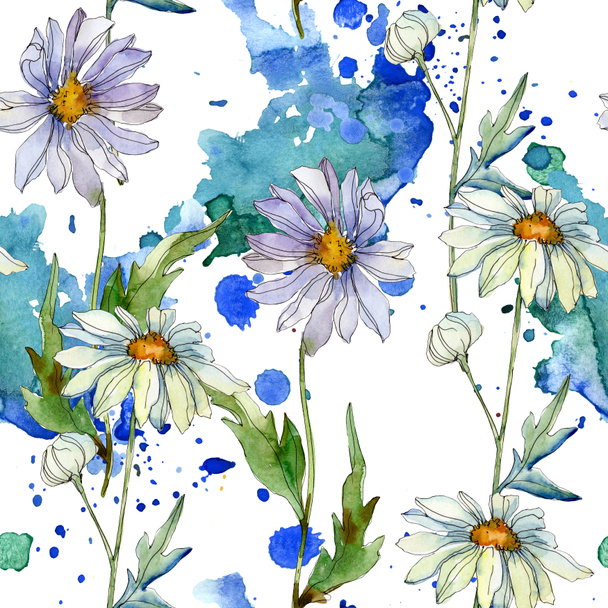 daisies with green leaves watercolor illustration, seamless background pattern - 写真・画像