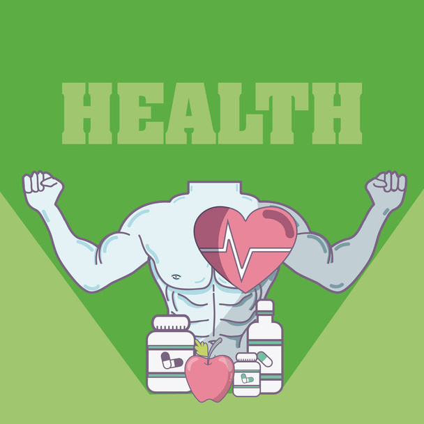 Cuerpo masculino saludable con botellas de medicina e ilustración de vectores de manzana diseño gráfico
 - Vector, Imagen
