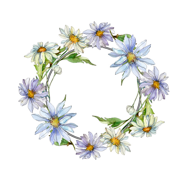daisies with green leaves watercolor illustration set, frame border ornament with copy space - 写真・画像