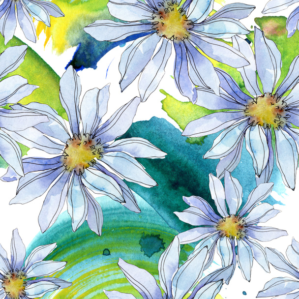 daisies with green leaves watercolor illustration, seamless background pattern - Foto, imagen