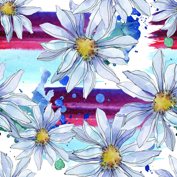 daisies with green leaves watercolor illustration, seamless background pattern - Valokuva, kuva